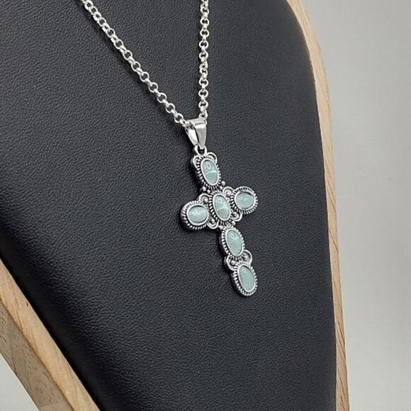 925 Silver Necklace W/ Turquois Cross BOHO Vintage Western Fashion Birthday Gift